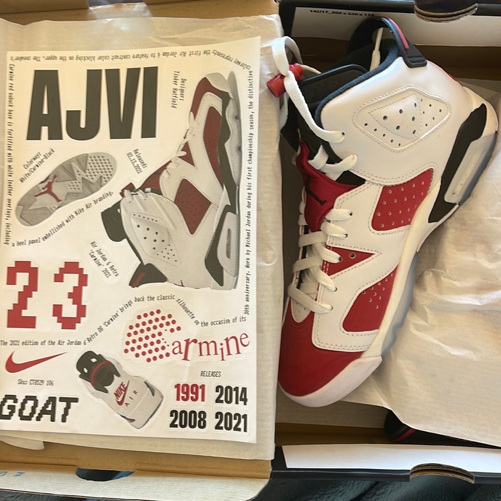 Air Jordan 6 Carmines. Size 6Y/7.5 W. Great condition